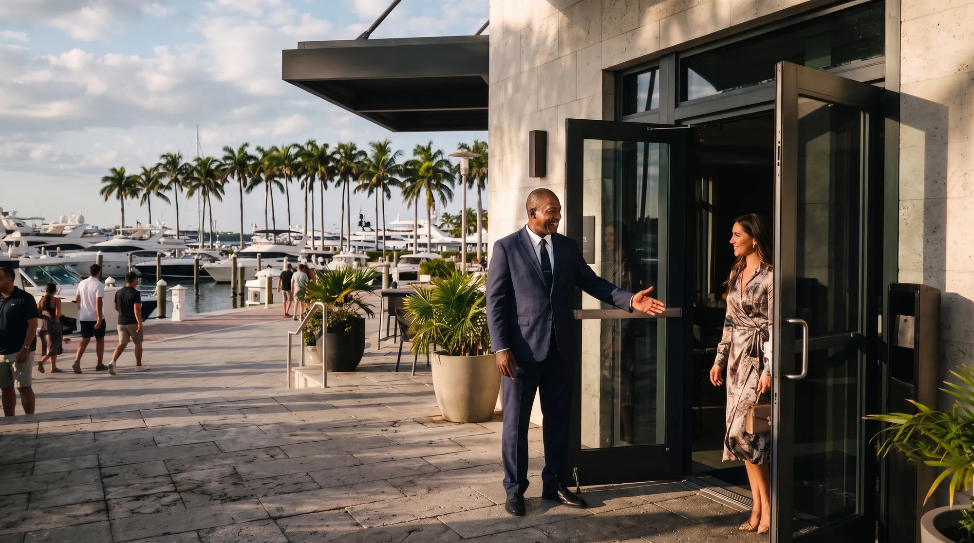 Officer welcoming a guest at the entrance of a waterfront Miami hotel